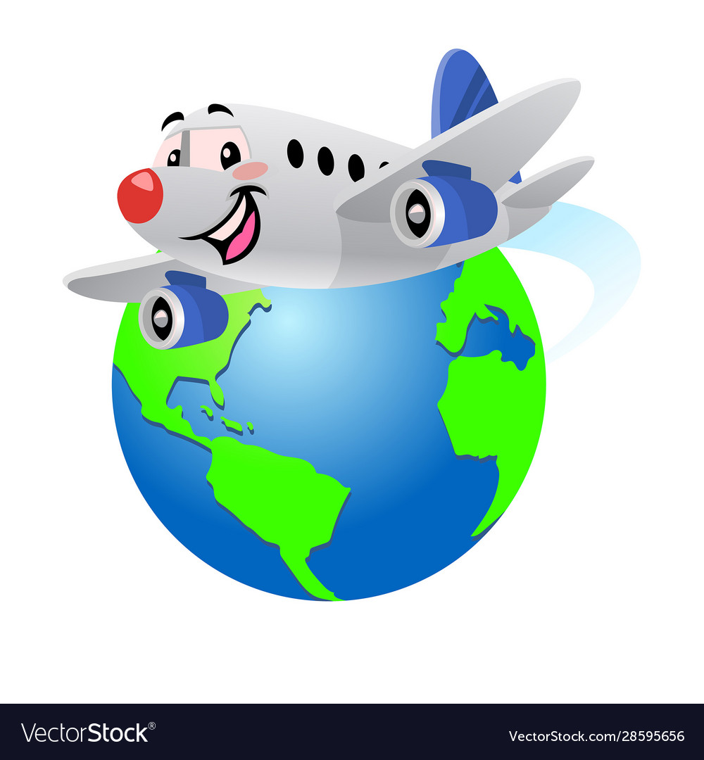 Happy cartoon airplane flying around globe