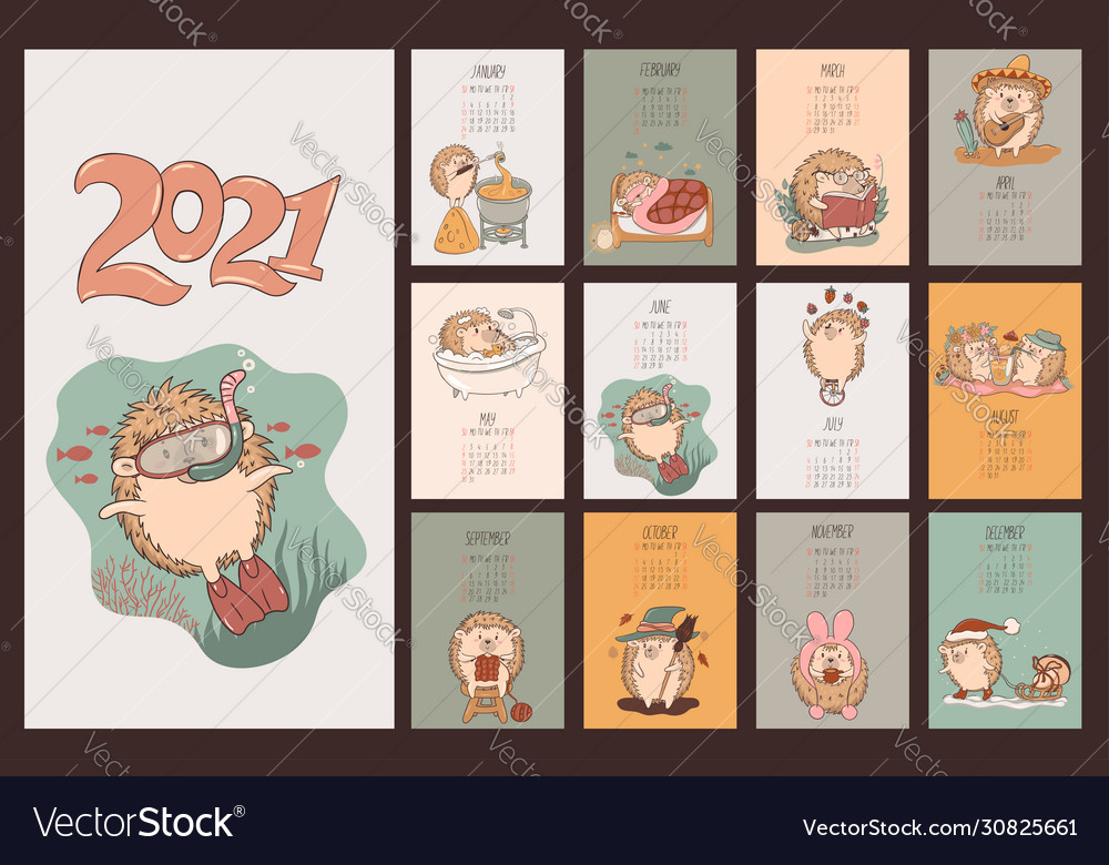 Calendar cute kawaii hedgehogs 2021 graphics Vector Image