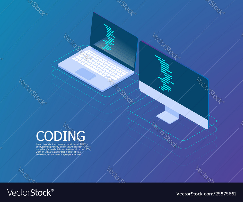 Coding with laptop isometric vector image Coding with laptop isometric