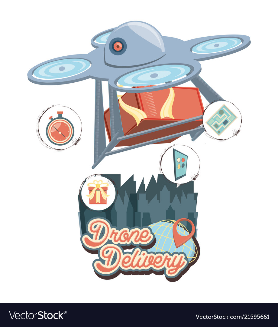 Drone delivery service with box and cityscape icon