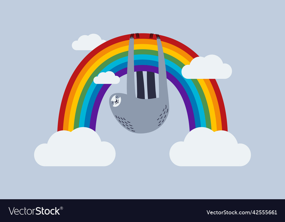 Lazy sloth hanging on a rainbow