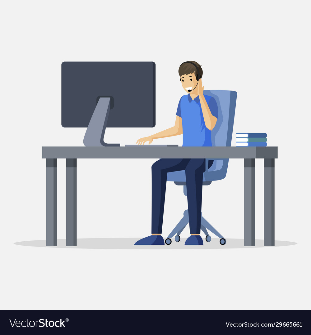 Man sitting at computer flat vector image Man sitting at computer flat