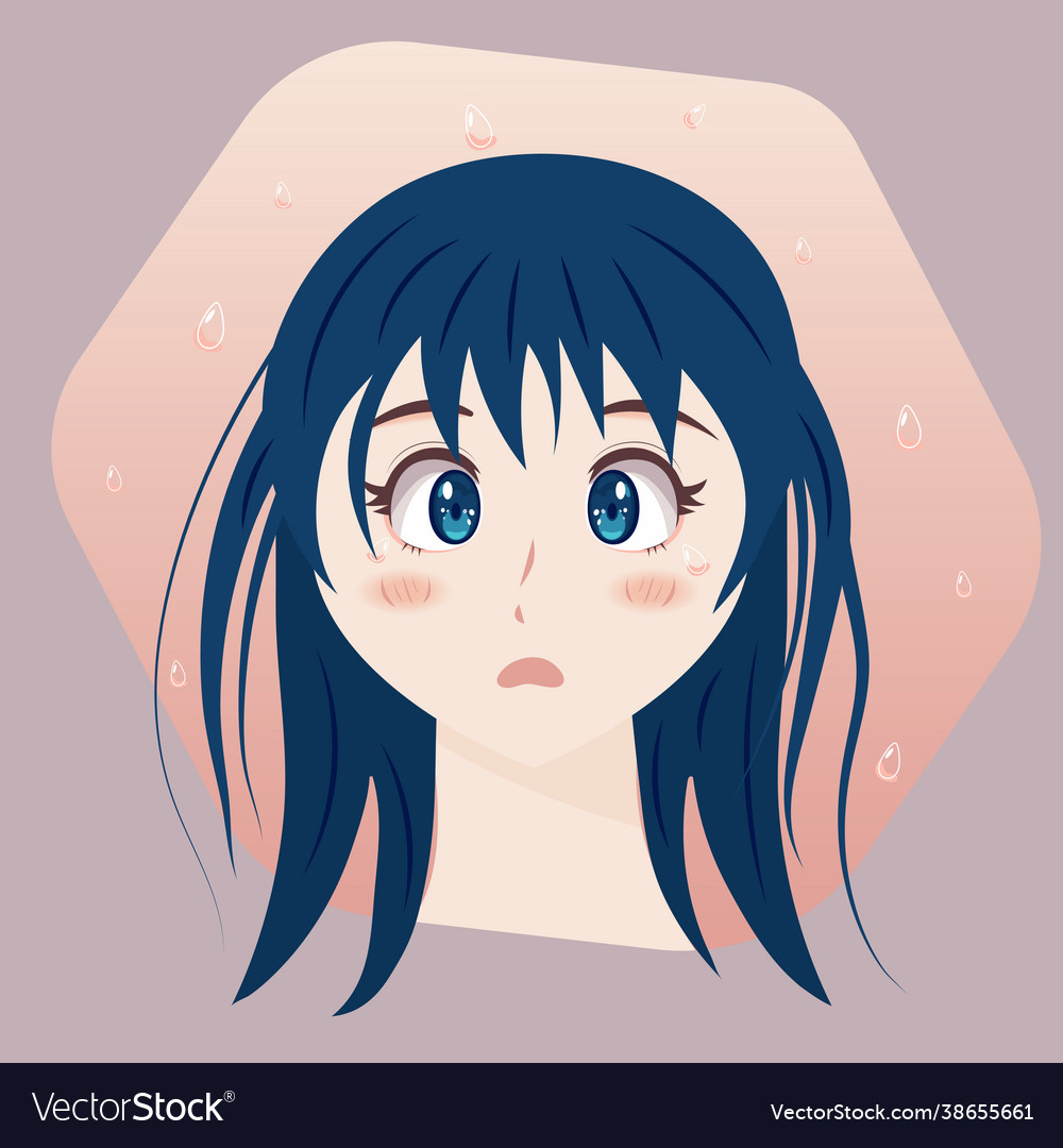 sad anime girl crying with brown hair and blue eyes