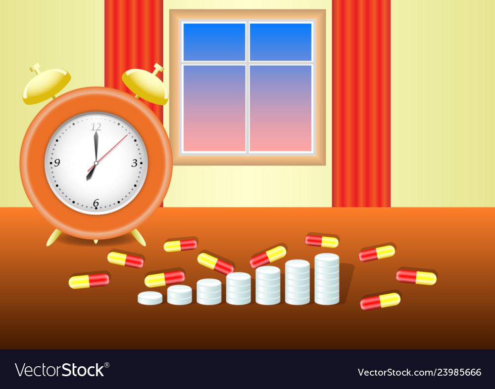 Alarm clock and pill columns on the table close-up