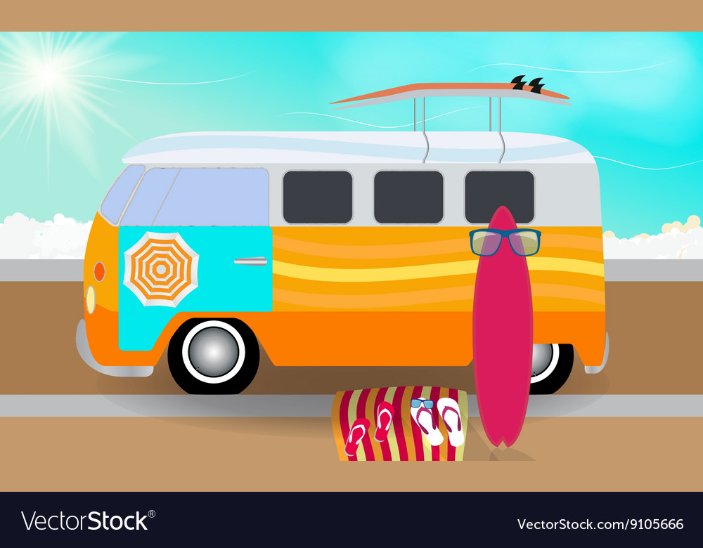 Cartoon van with surfboards standing in the road Vector Image