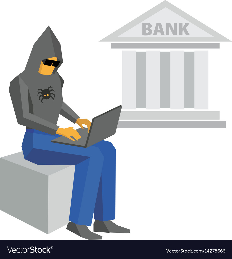 Computer hacker with laptop bank building behind