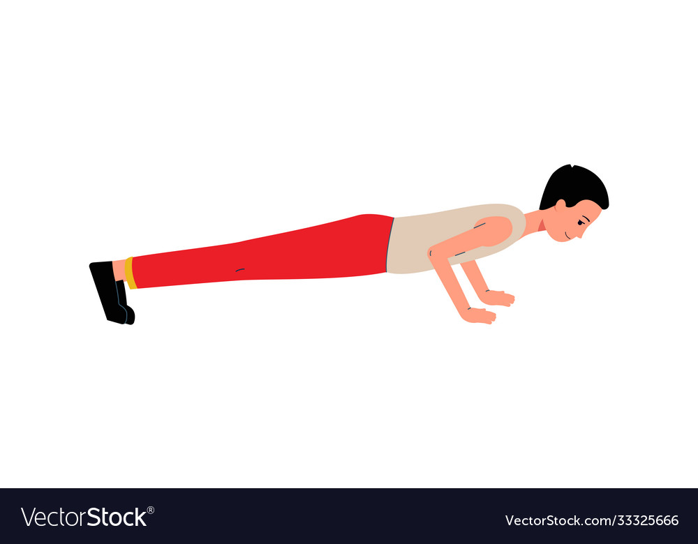 Man character does push ups exercise on floor flat