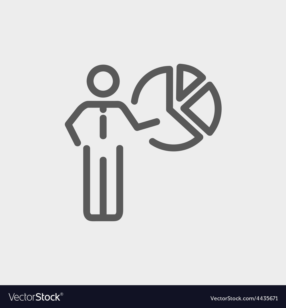 Businessman pointing at pie chart thin line icon