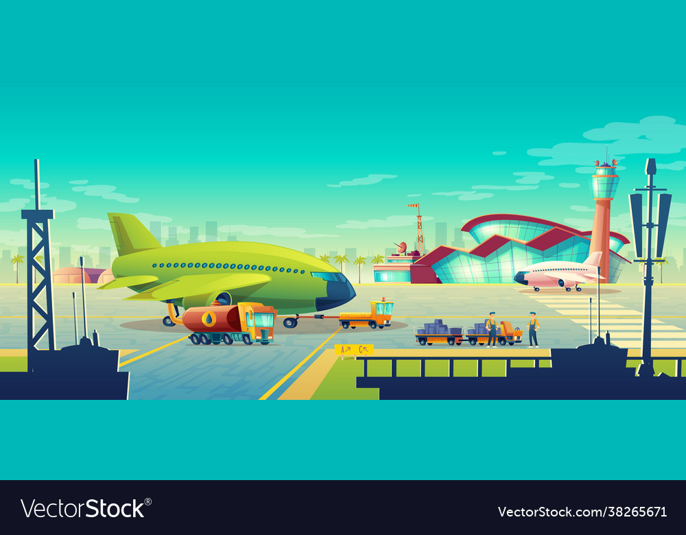 Cartoon airport landscape airliner on runway