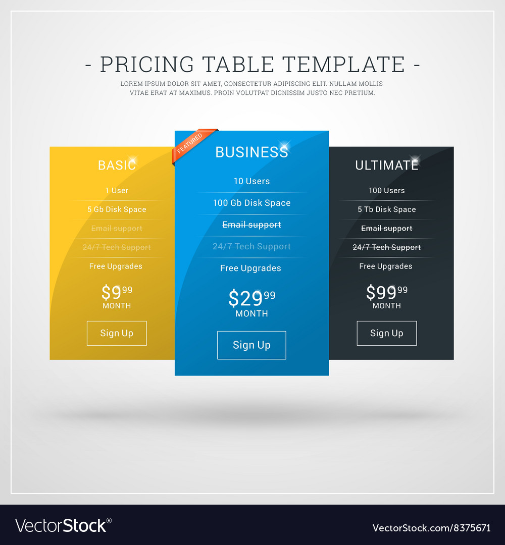 Design template for pricing table websites
