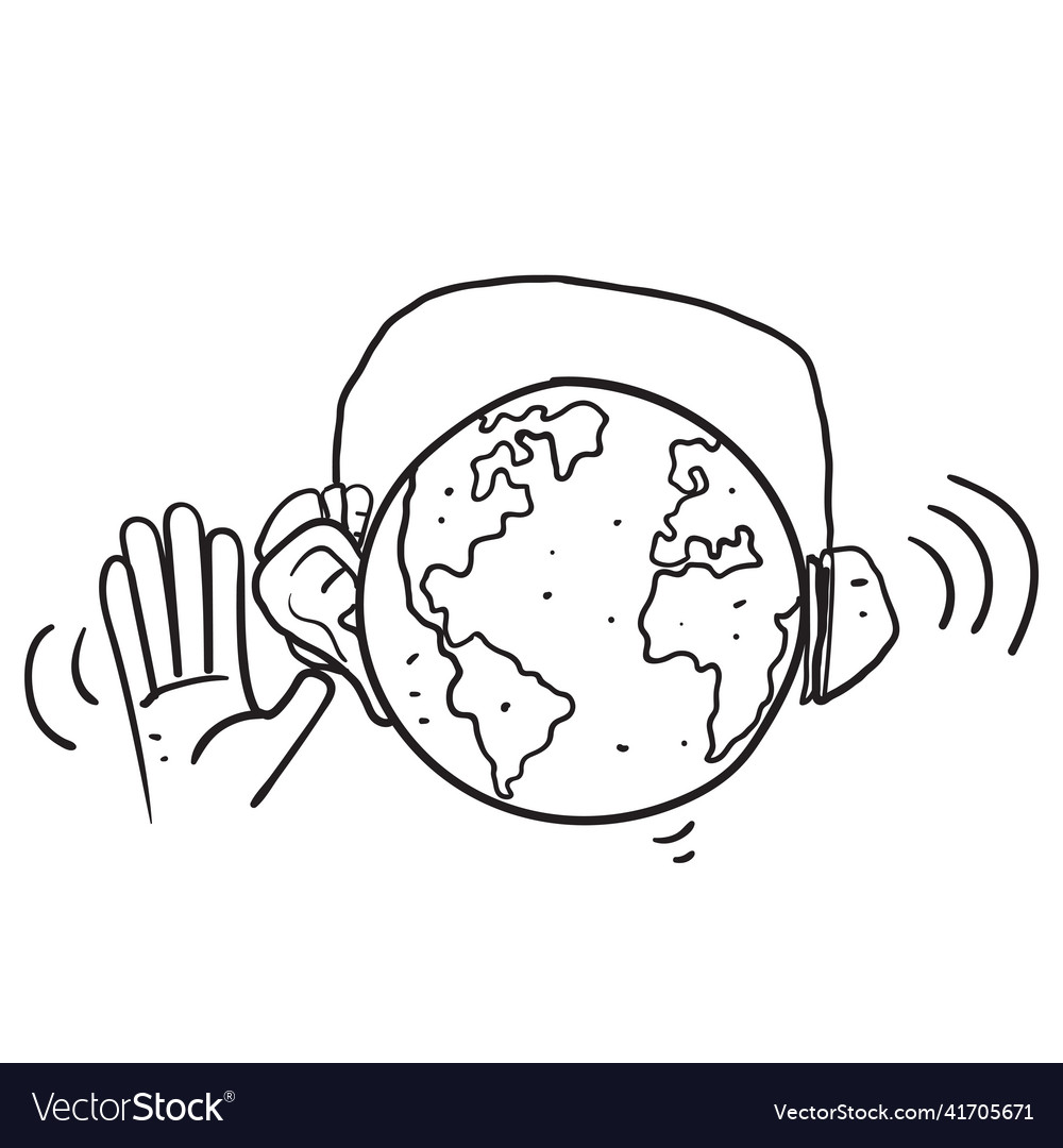 Hand drawn doodle earth globe planet with headset Vector Image