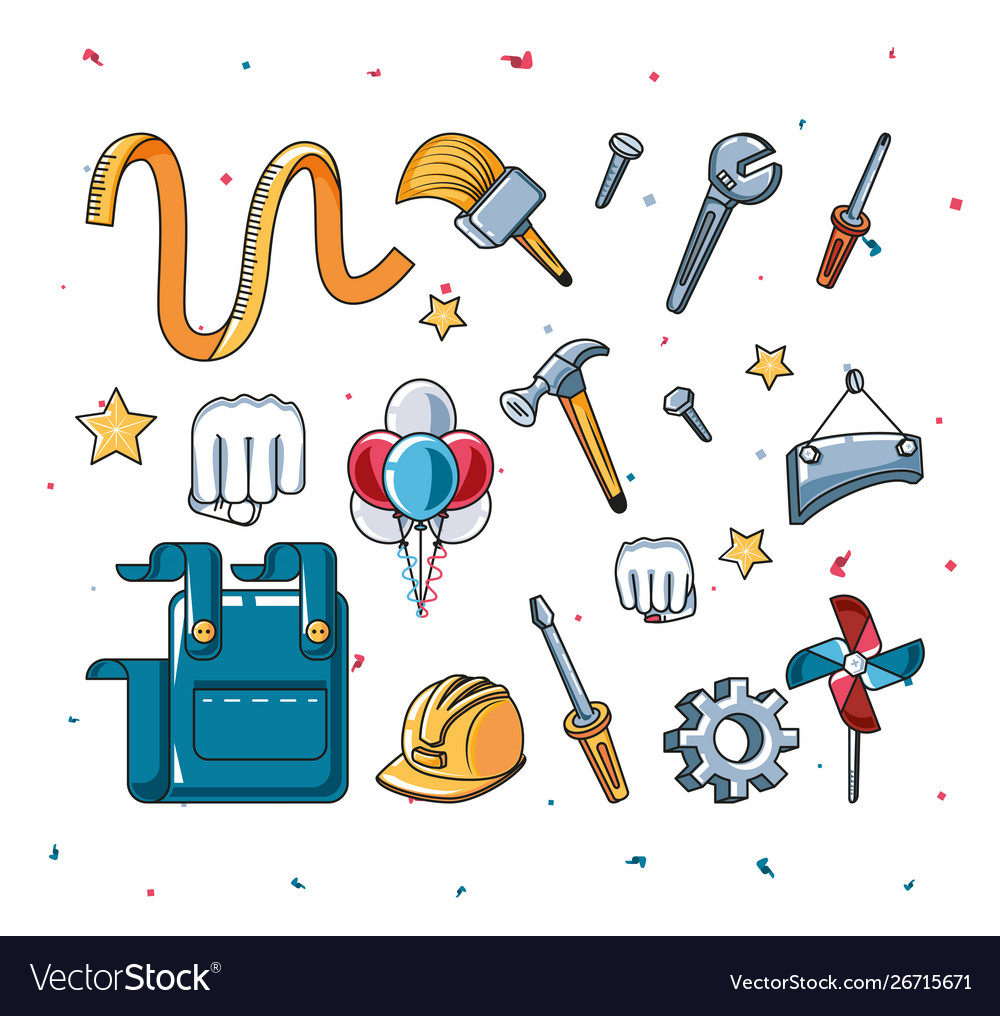 Happy labor day label with set tools and objects