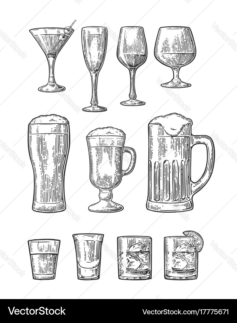 Set glass beer whiskey wine gin rum tequila Vector Image
