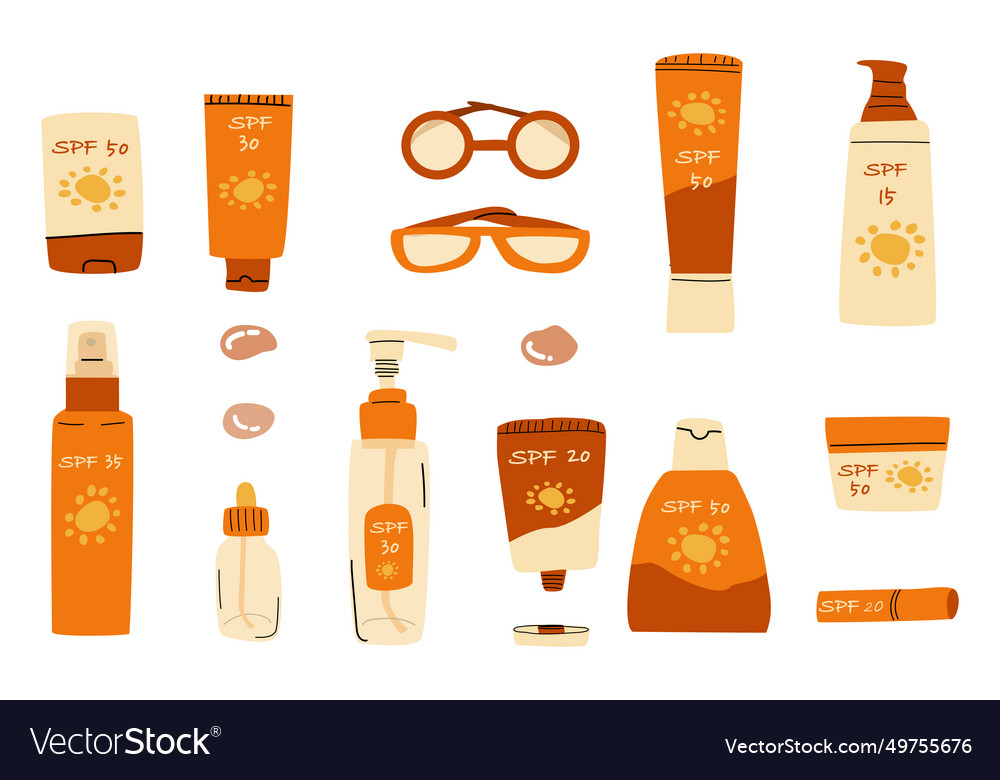 Big set of cosmetics for sun protection with Vector Image