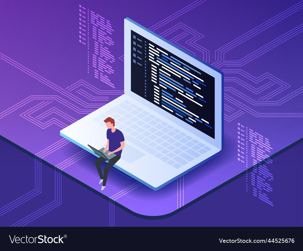 Isometric of young programmer coding a new