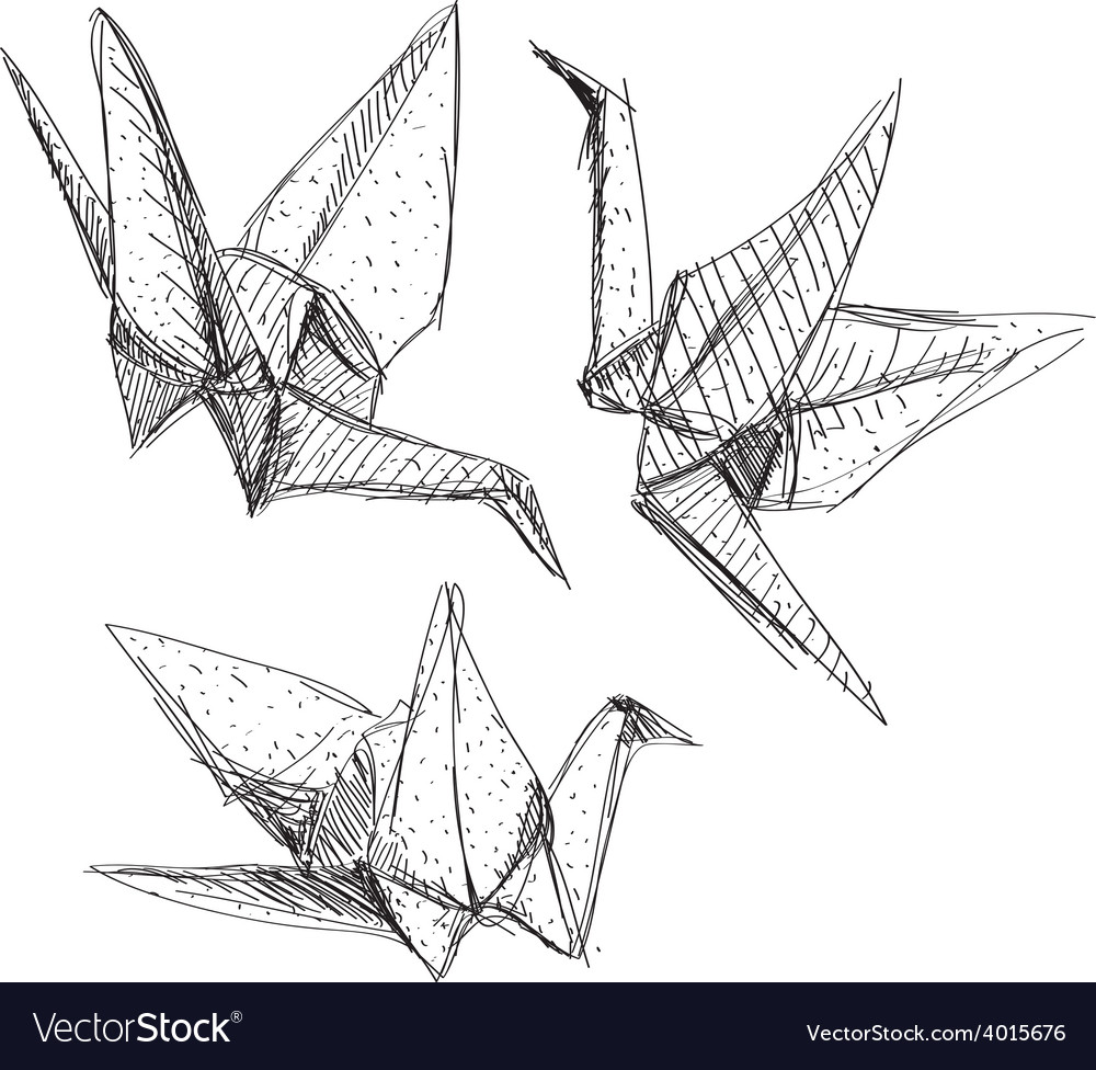 Origami Paper Cranes Set Sketch The Black Line On