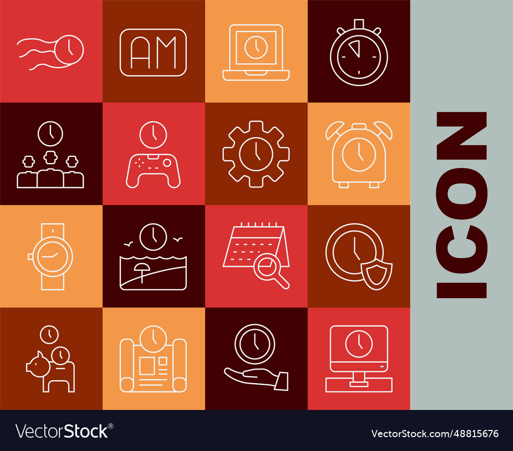 Set line monitor time clock with shield alarm vector image Set line monitor time clock with shield alarm