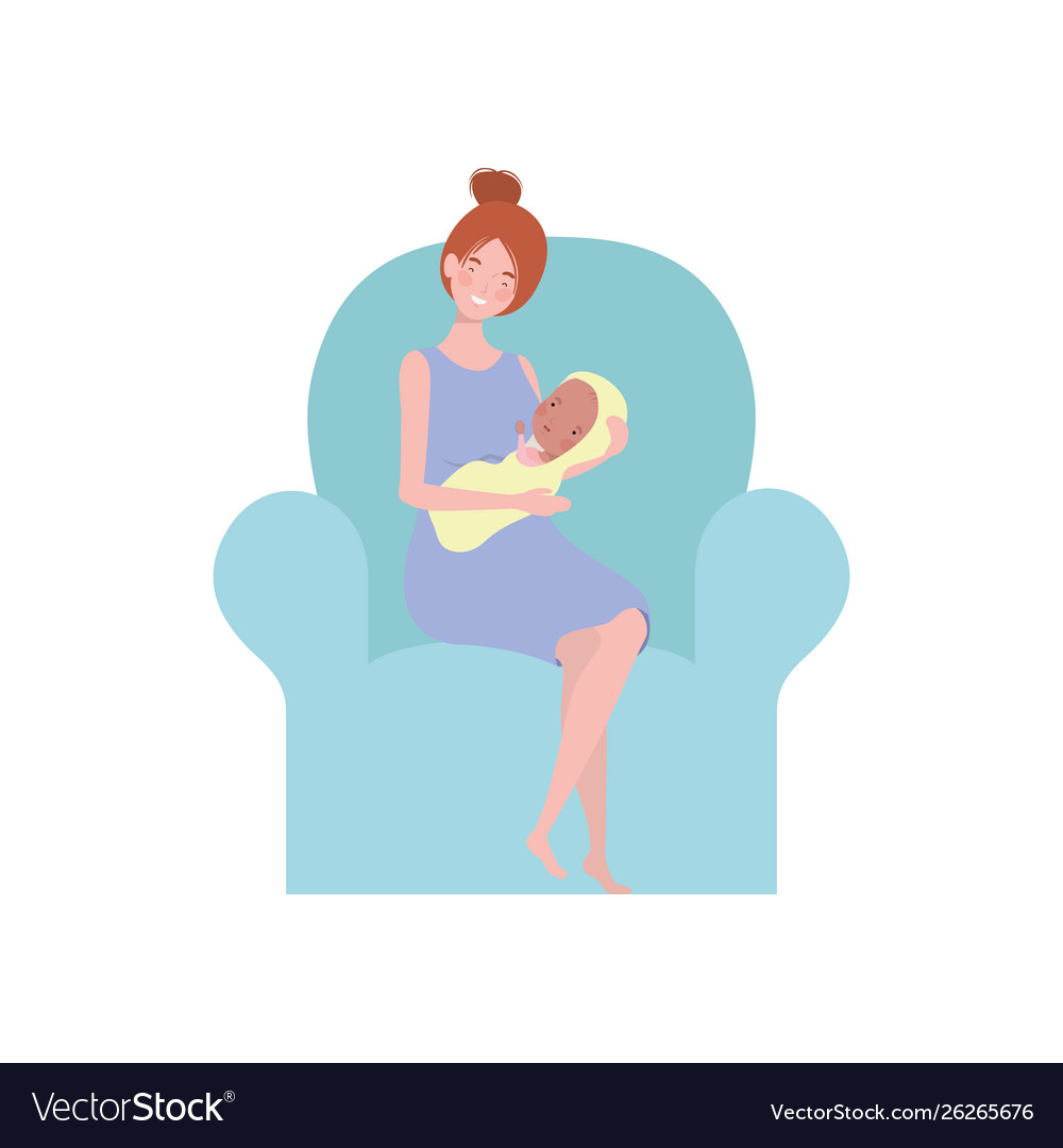 Woman sitting on sofa with a newborn baby in her Vector Image