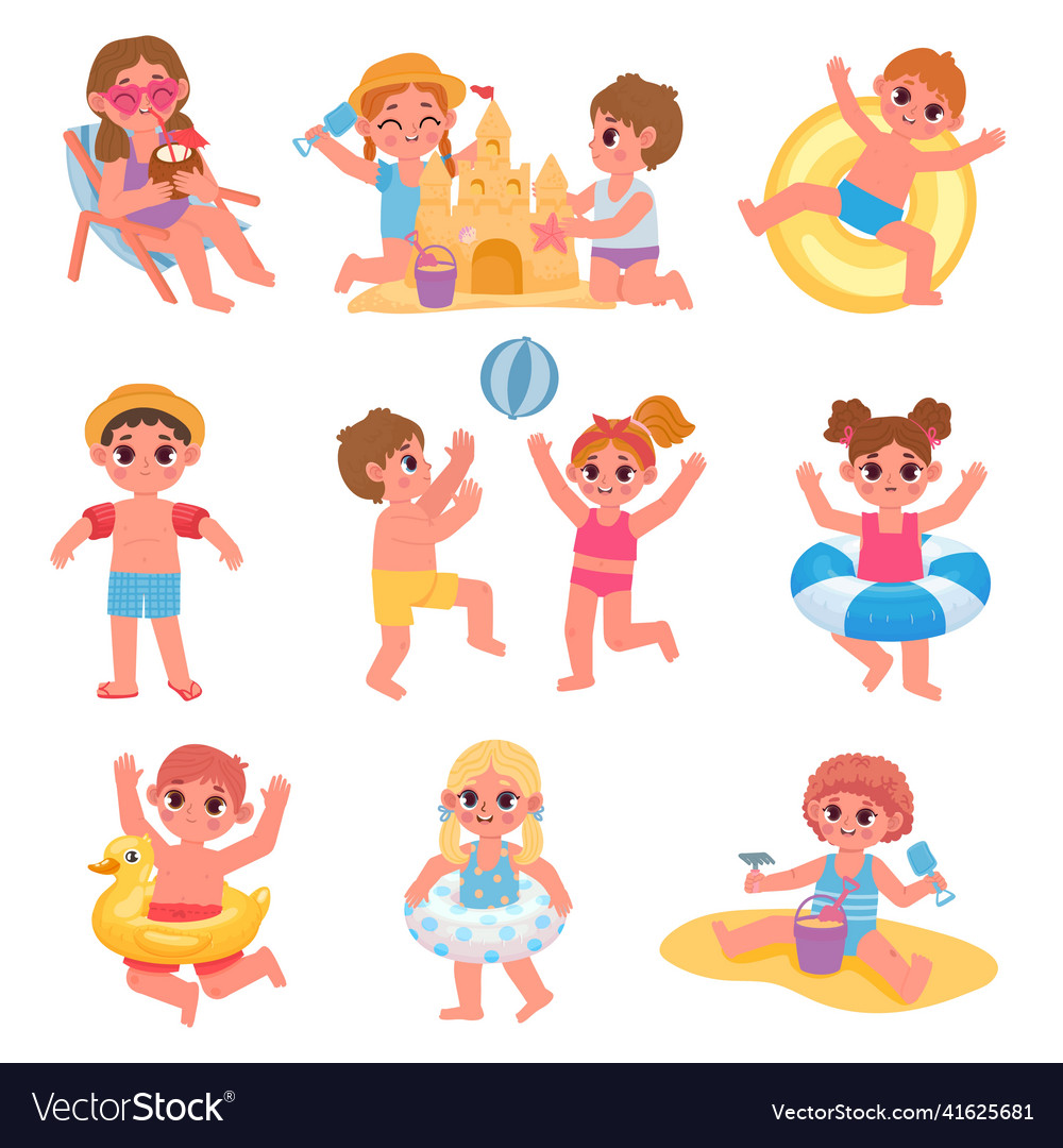 Children play ball at beach swim and make sand Vector Image