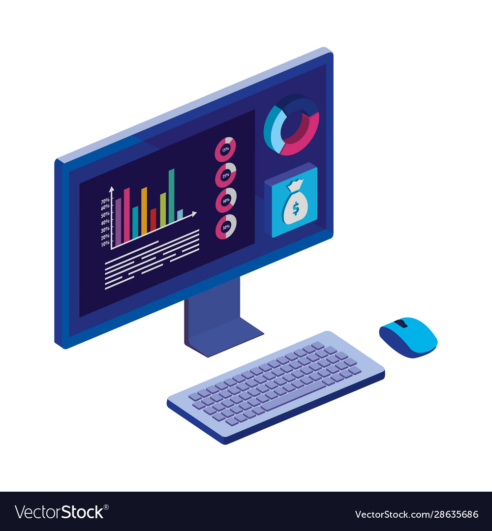 Computer desktop with statistics and menu app Vector Image