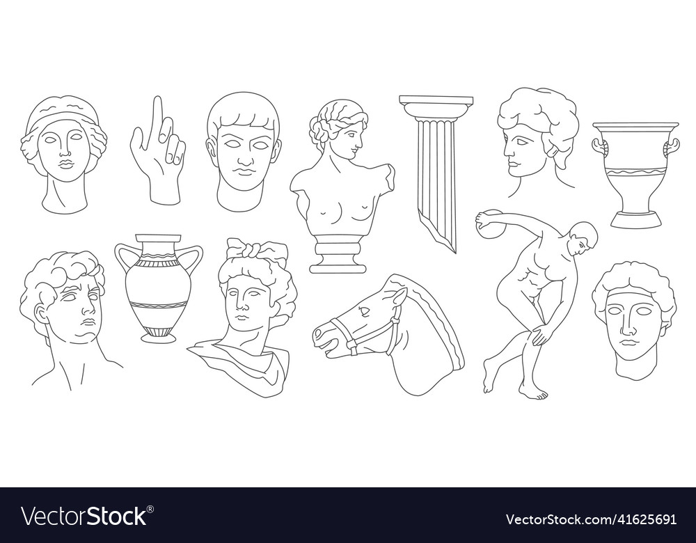 Antique greek sculptures heads columns amphoras Vector Image