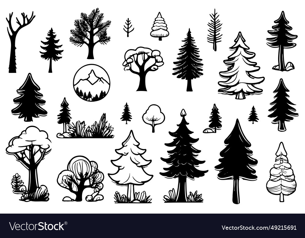 Collection trees ink sketches set isolated vector image Collection trees ink sketches set isolated