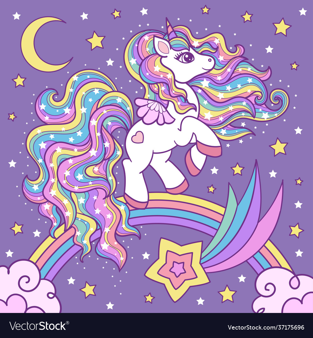 Cute Cartoon weiß Einhorn auf einem Regenbogen unter vector image Cute Cartoon weiß Einhorn auf einem Regenbogen unter