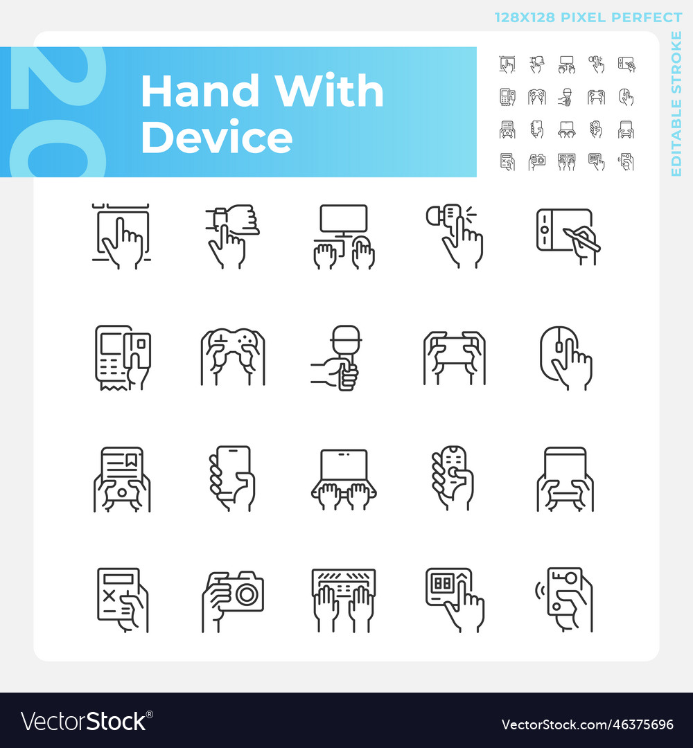 Hands with devices pixel perfect linear icons set Vector Image Hands with devices pixel perfect linear icons set