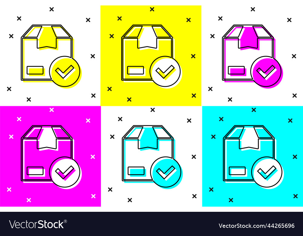 Set package box with check mark icon isolated