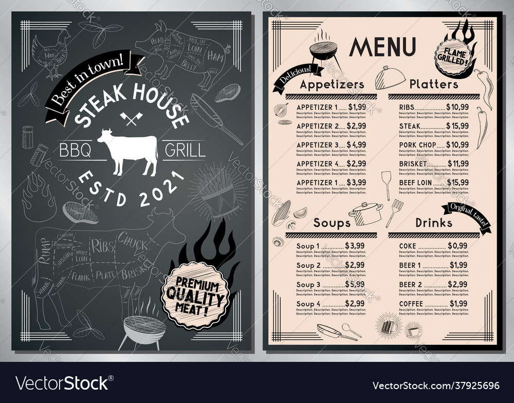 Steakhouse barbecue grill bar menu template a4 Vector Image