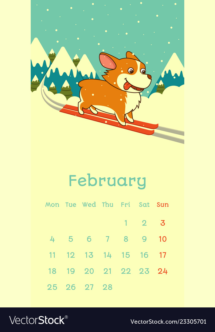 2019 Februarkalender mit welsh corgi dog skying vector image 2019 Februarkalender mit welsh corgi dog skying
