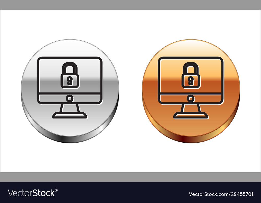 Black line lock on computer monitor screen icon Vector Image