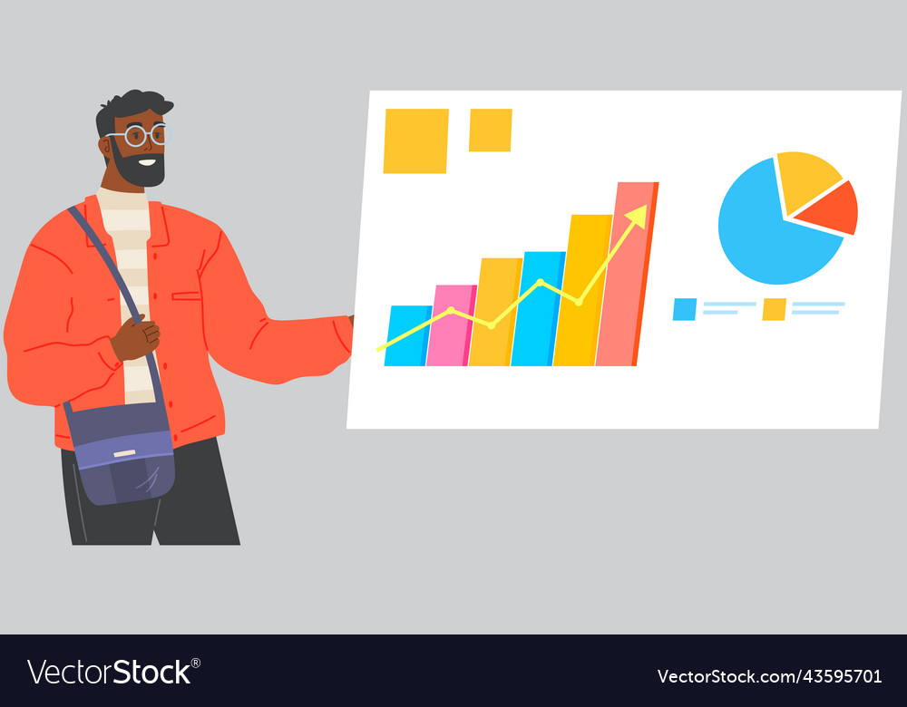 Businessman with computer works in data analysis Vector Image Businessman with computer works in data analysis