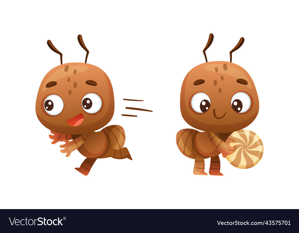 Cute little ant running and holding candy funny