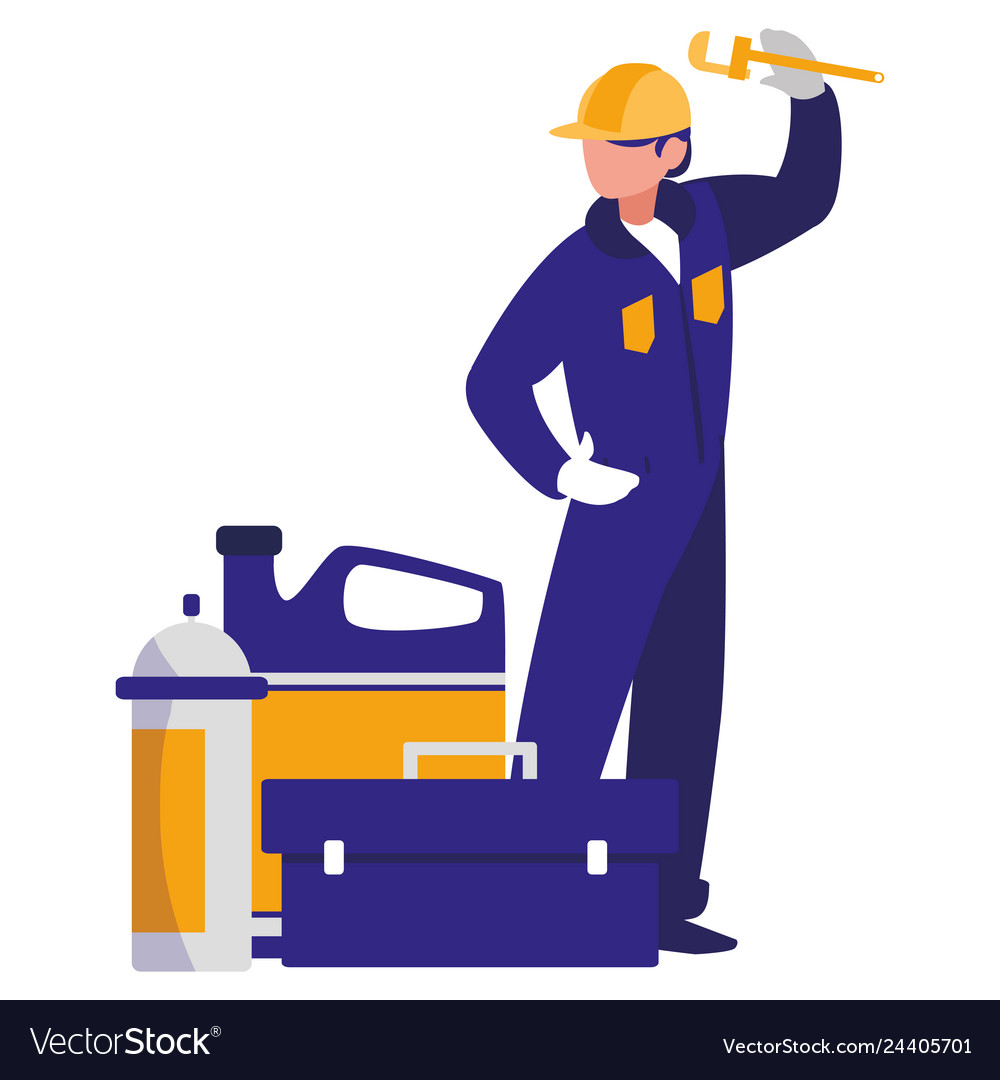Mechanic worker with toolbox and extinguisher