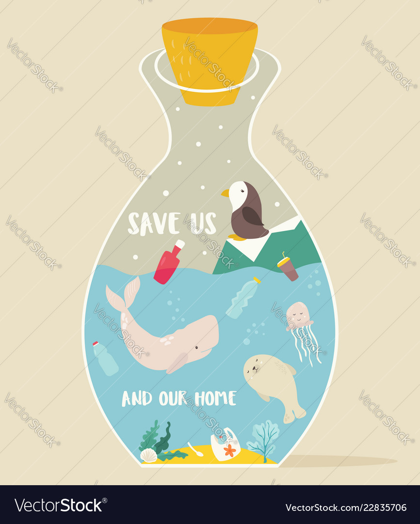 Eco concept poster bottle and animals inside Vector Image