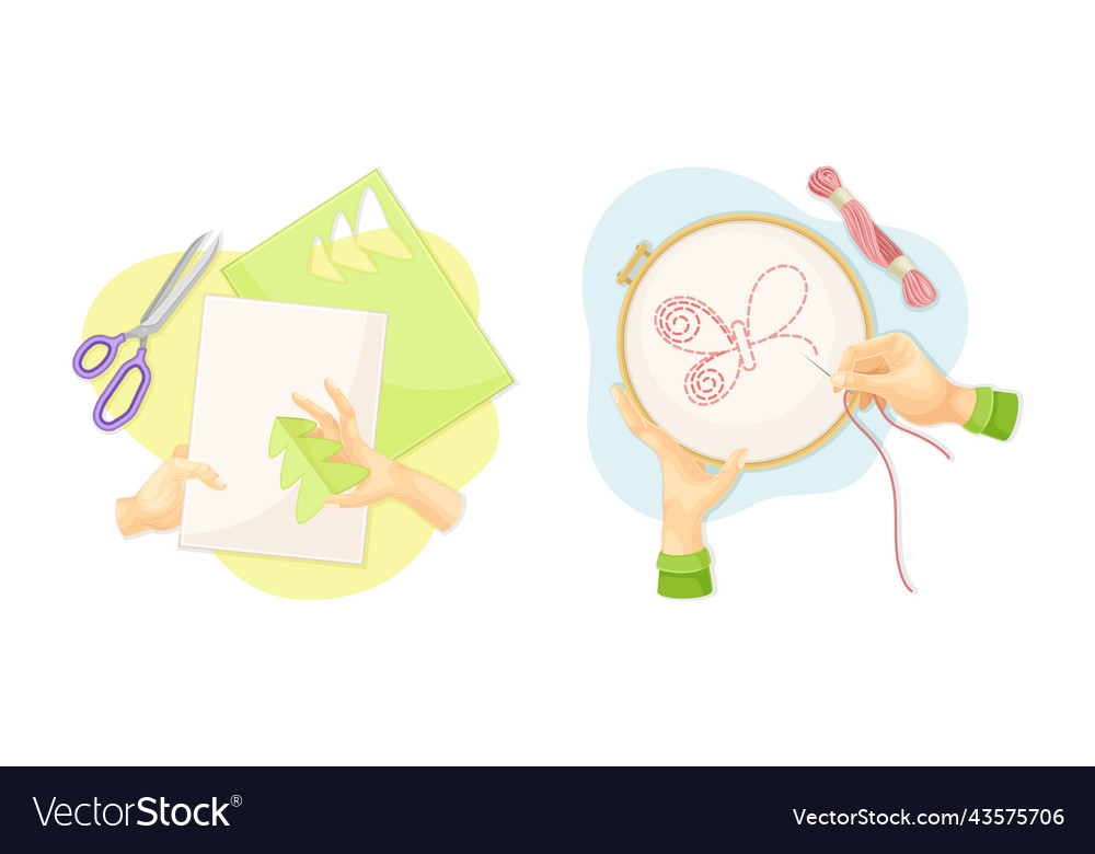 Top view of hands creating crafts set vector image Top view of hands creating crafts set