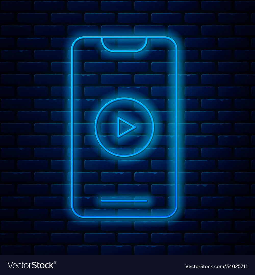 Glowing neon line online play video icon isolated