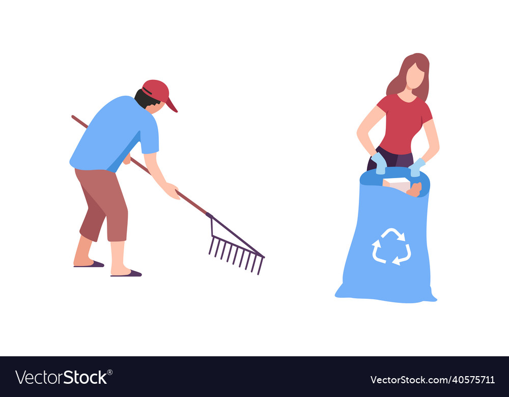 Man and woman volunteer gathering garbage in bag