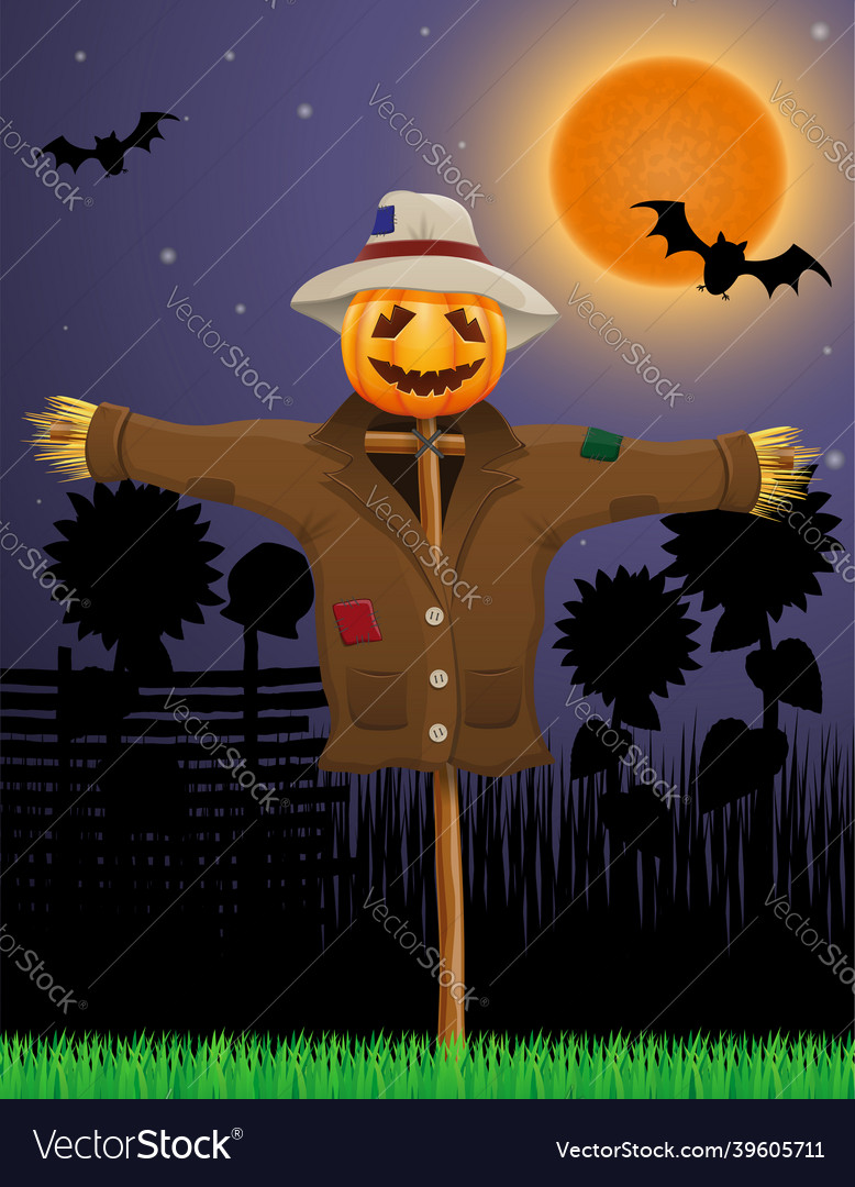 Smiling Scarecrow with Pumpkin Head