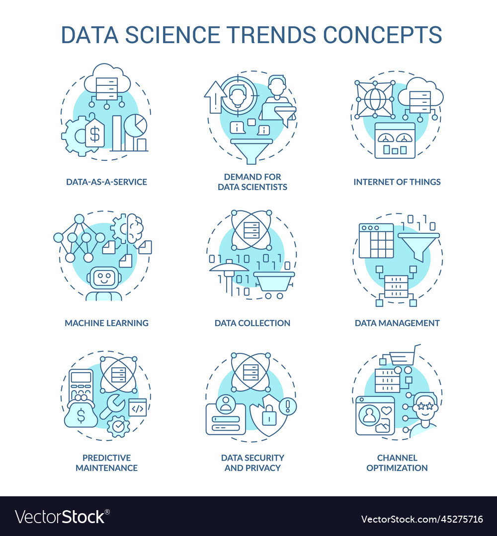 Data science trends turquoise concept icons set Vector Image