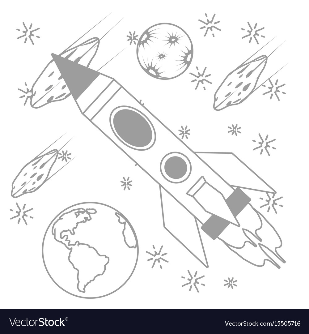 Rocket with planets and asteroid Royalty Free Vector Image