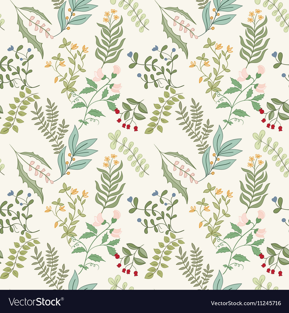 Seamless pattern of flowers herbs and leaves