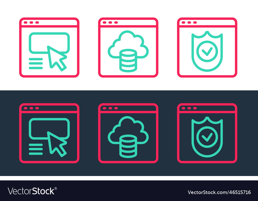 Set line browser with shield ui or ux design vector image Set line browser with shield ui or ux design