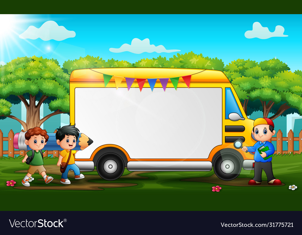 Border template with three school boys Royalty Free Vector