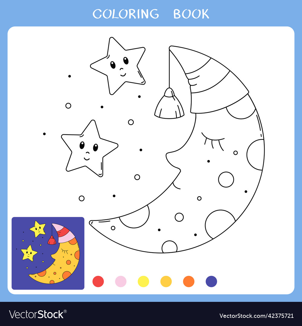 Cute moon in nightcap and stars for coloring book Vector Image