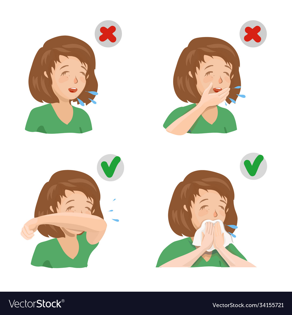 Girl sneezing in hand elbow and napkin Royalty Free Vector