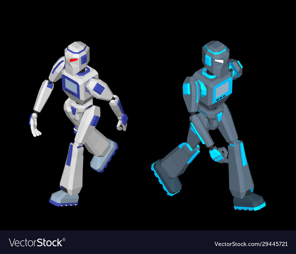 Robot character walking isolated on black