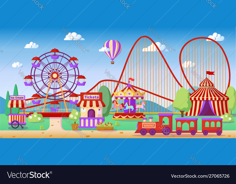 Amusement park panoramic landscape roller coaster Vector Image