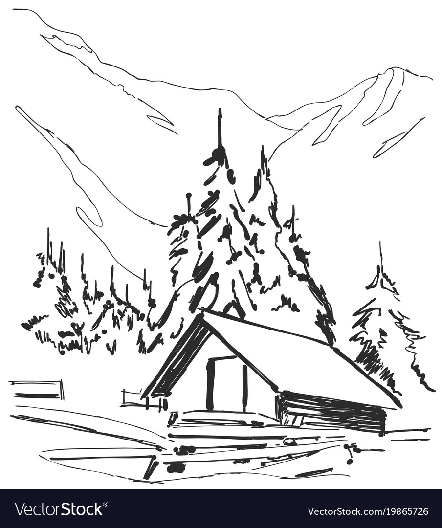 Wood cabins in mountain landscape Royalty Free Vector Image